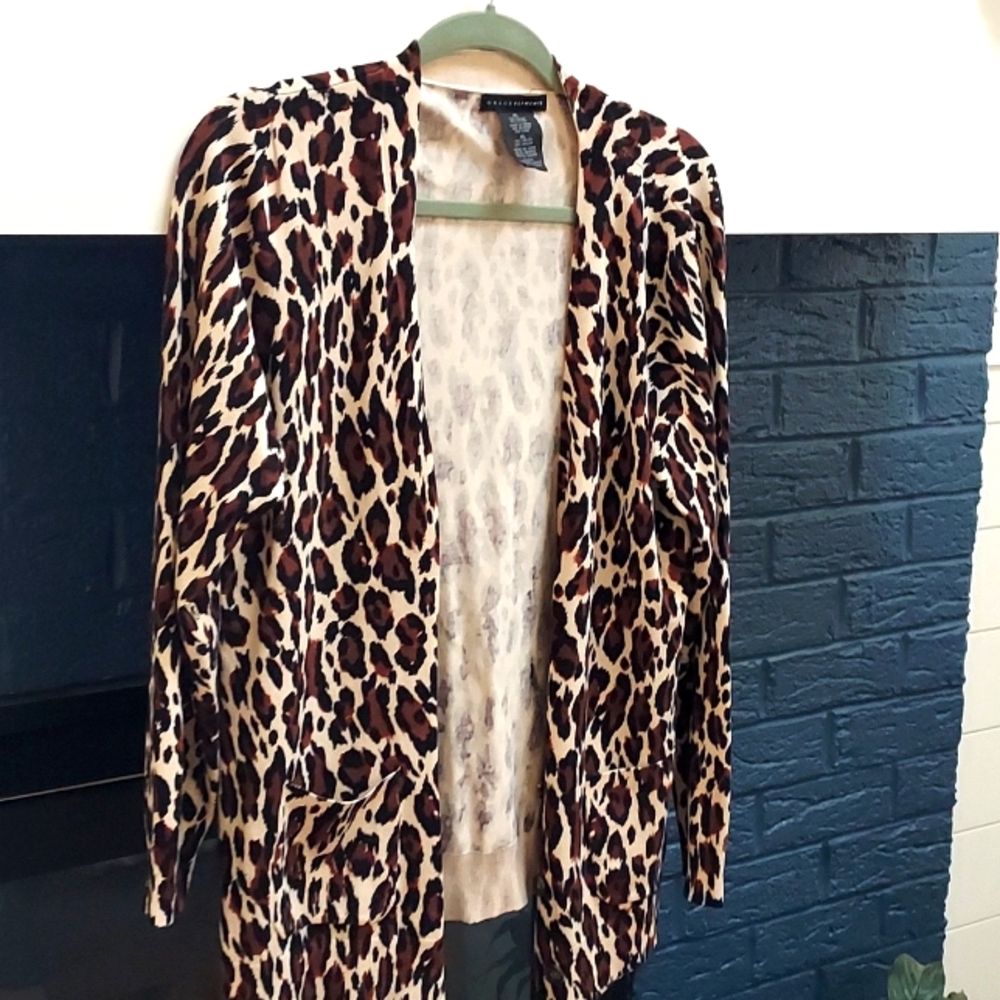 Grace Elements, leopard open cardigan, xl,excellent condition,ptp22", pockets